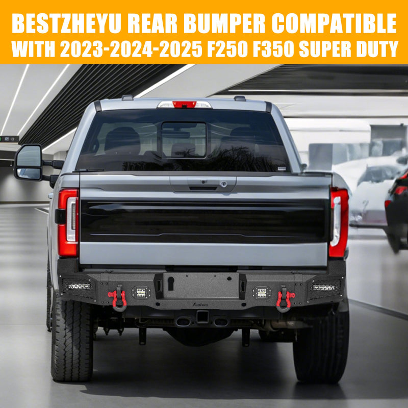 Heavy-duty Steel Rear Bumper for 2023-2026 F250F350F450 Super Duty With LED Lights & D-Rings & Sensor Holes-6