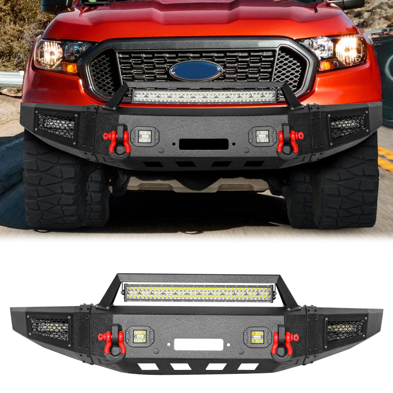 Heavy-duty Steel Front Bumper for 2019-2023 Ford Ranger with LED Lights & D-Rings & Winch Palte & Sensor Holes