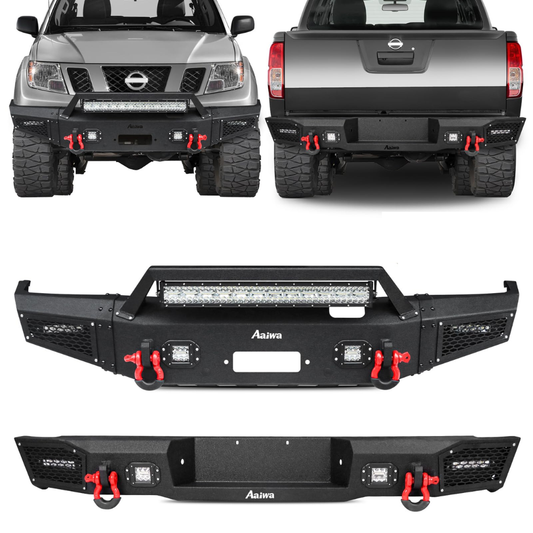 Heavy-duty Steel Front and Rear Bumper for 2005-2021 Nissan Frontier with LED lights & D-Rings & Sensor Holes
