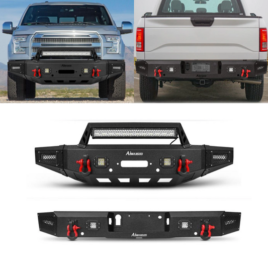 Heavy-duty Steel Front and Rear Bumper for 2015-2017 F150 with Winch Plate & LED Lights &Sensor Holes