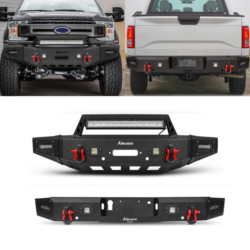 Heavy-duty Steel Front and Rear Bumper for 2018-2020 F150 with Winch Plate & LED Lights &Sensor Holes