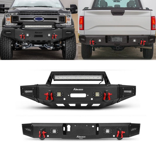 Heavy-duty Steel Front and Rear Bumper for 2018-2020 F150 with Winch Plate & LED Lights &Sensor Holes