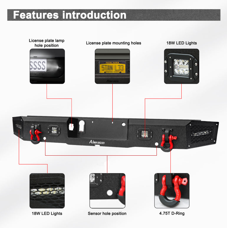 Heavy-duty Steel Rear Bumper for 2015-2023 Ford F150 with D-Rings & LED Lights-01